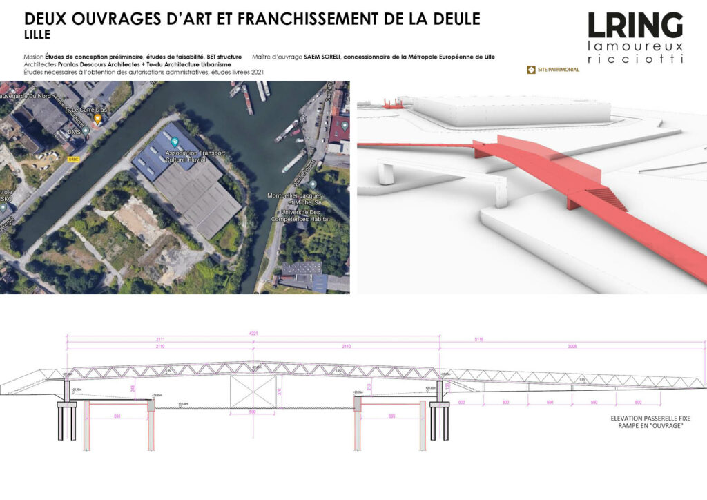 DEUX OUVRAGES D’ART ET FRANCHISSEMENT DE LA DEULE LILLE Mission Études de conception préliminaire, études de faisabilité, BET structure Maître d’ouvrage SAEM SORELI, concessionnaire de la Métropole Européenne de Lille Architectes Pranlas Descours Architectes + Tu-du Architecture Urbanisme Études nécessaires à l’obtention des autorisations administratives, études livrées 2021 site patrimonial